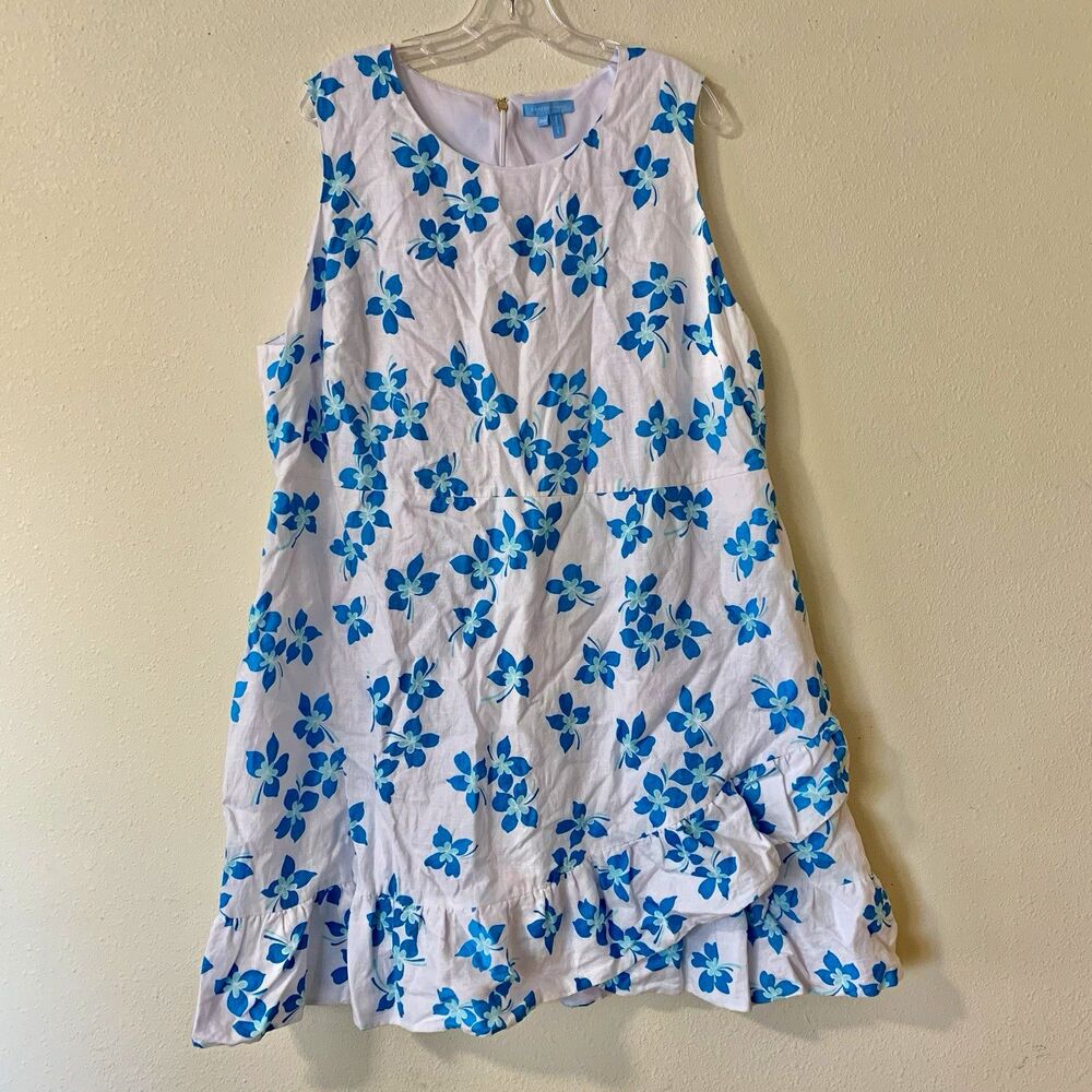 Draper James Womens White Blue Floral Linen Lined A-Line Scoop Neck Dress Sz 20